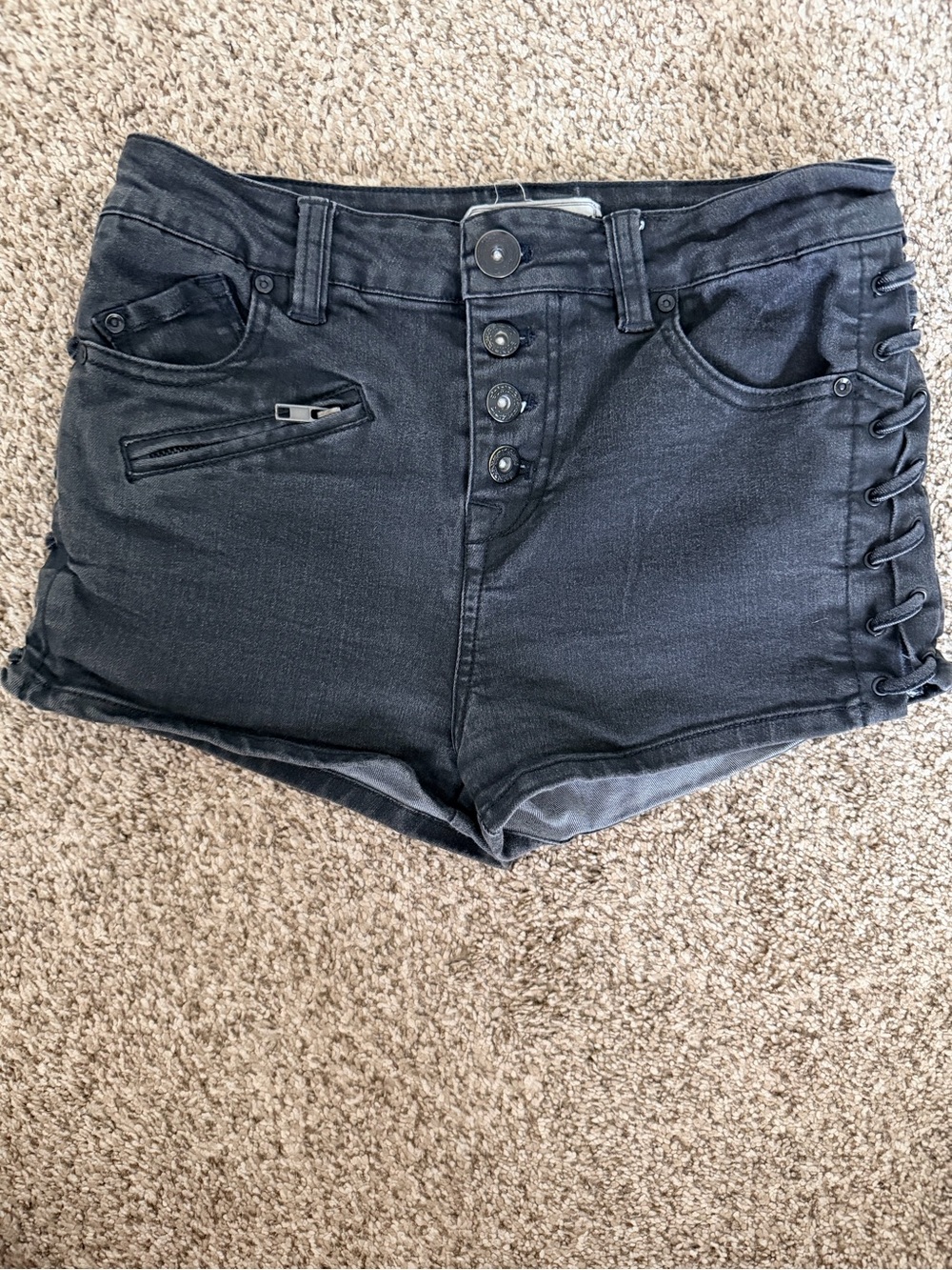Free People High Rise Black Denim Hot Pants Button Fly Lace-Up Shorts 26